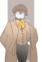 1boy babeldj beret blue_eyes body_fur brown_background brown_vest newsboy_cap cat_boy colored_eyelashes commentary_request cowboy_shot furry furry_male grey_shirt hands_in_pockets hat looking_at_viewer male_focus original shirt simple_background solo vest whiskers white_fur