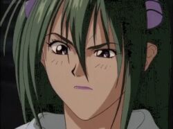 1boy 1girl animated animated_gif anime_screenshot emilia_jenius giant giantess green_hair macross macross_7 macross_7:_the_galaxy_is_calling_me open_mouth pedro_(macross_7) size_difference third-party_edit vore