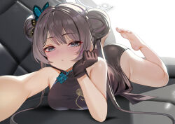 1girl :&lt; absurdres alternate_breast_size ass barefoot black_dress black_gloves black_hair blue_archive blush bottomless braid braided_bun breasts butterfly_hair_ornament china_dress chinese_clothes closed_mouth couch double_bun dragon_print dress elbow_rest feet feet_up gloves grey_eyes grey_halo hair_bun hair_ornament halo hand_on_own_cheek hand_on_own_face head_rest highres kisaki_(blue_archive) long_hair looking_at_viewer lying medium_breasts no_panties on_couch on_stomach outstretched_arm print_dress sleeveless sleeveless_dress soles solo teddypocky thighs toes twintails very_long_hair