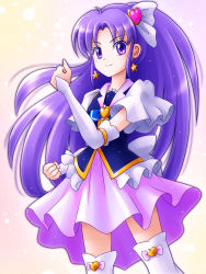 10s 1girl brooch clenched_hand clenched_hands cure_fortune earrings female_focus hair_ornament happinesscharge_precure! heart heart_brooch heart_hair_ornament highres hikawa_iona jewelry long_hair magical_girl mimimix precure purple_eyes purple_hair purple_skirt skirt smile solo thighhighs white_background white_thighhighs wide_ponytail