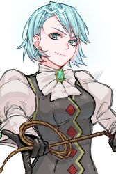 1girl ace_attorney black_gloves blue_hair closed_mouth earrings franziska_von_karma gloves grey_eyes highres holding holding_whip jewelry juliet_sleeves long_sleeves looking_at_viewer mole mole_under_eye puffy_sleeves ryezatta short_hair signature smile solo upper_body whip white_background