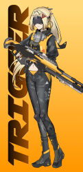 1girl black_blindfold black_pants black_shrug blindfold blonde_hair camouflage camouflage_jacket camouflage_pants character_name closed_mouth eye_mask full_body gun hair_ornament holding holding_gun holding_weapon horikkita jacket latex_pants navel pants ponytail rifle shrug_(clothing) sniper_rifle solo tight_clothes tight_pants triangle_hair_ornament trigger_(zenless_zone_zero) weapon zenless_zone_zero zipper_pull_tab