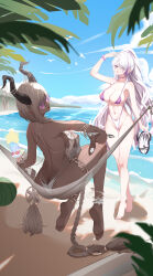 Rule 34 | 2girls, absurdly long hair, absurdres, ankle strap, ass, azur lane, beach, bespectacled, bikini, bird, blue sky, braid, breasts, brown horns, butt crack, chinese commentary, choker, cleavage, cloud, cocktail glass, collarbone, commentary request, cup, dark-skinned female, dark skin, day, drinking glass, food, food on hand, fruit, full body, glasses, gokusaishiki (1376145360), gold, hair between thighs, hair over breasts, hair over one breast, hair over one eye, hammock, highres, holding, holding cup, holding sandals, holding spoon, horn ornament, horns, jewelry, large breasts, large horns, long hair, looking at viewer, looking back, low-braided long hair, low-tied long hair, low twin braids, manjuu (azur lane), multi-strapped swimsuit, multicolored bikini, multicolored hair, multiple girls, navel, official alternate costume, one-piece swimsuit, outdoors, outstretched arm, owari (azur lane), owari (shimmering forsythia) (azur lane), palm leaf, parfait, purple-tinted eyewear, purple bikini, purple choker, purple eyes, purple hair, sand, sandals, scrunchie, shadow, sitting, sky, spoon, strawberry parfait, streaked hair, summer, swimsuit, thighlet, tinted eyewear, tongue, tongue out, twin braids, two-tone bikini, two-tone hair, unworn sandals, unzen (azur lane), unzen (sojourn through clear seas) (azur lane), very long hair, walking, water, watermelon, white bikini, white bird, white hair, white one-piece swimsuit, wrist scrunchie