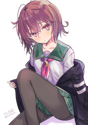 1girl absurdres artist_name black_jacket brown_hair collarbone crescent green_sailor_collar green_skirt highres hizaka jacket kantai_collection long_sleeves looking_at_viewer mutsuki_(kancolle) mutsuki_kai_ni_(kancolle) pantyhose pleated_skirt red_hair sailor_collar school_uniform serafuku short_hair sitting skirt smile solo sweatdrop twitter_username
