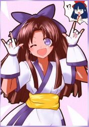 Rule 34 | 2girls, absurdres, ainu clothes, blue hair, breasts, brown hair, double w, dual persona, fingerless gloves, gloves, hair ribbon, highres, large breasts, legs, long hair, looking at viewer, love live!, multiple girls, murasaki nakoruru, nakoruru, nico nico nii, o o, one eye closed, open mouth, parody, purple eyes, ribbon, samurai spirits, snk, surprised, thighs, w, white eyes, wink