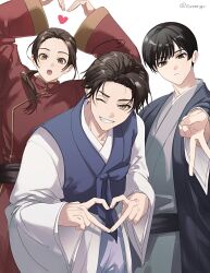 3boys four-finger_heart_hands ahoge arms_up axis_powers_hetalia belt black_belt black_hair brown_eyes brown_hair changpao china_(hetalia) chinese_clothes closed_mouth commentary_request cowboy_shot fingernails grey_kimono hanbok hand_up hands_up haori heart heart_arms heart_hands highres japan_(hetalia) japanese_clothes kimono korea_(hetalia) korean_clothes long_hair long_sleeves looking_at_viewer low_ponytail male_focus multiple_boys open_clothes open_mouth ponytail red_shirt shirt short_hair sidelocks simple_background smile standing teeth tunaongr v white_background white_hanbok wide_sleeves