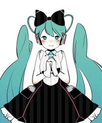 1girl aqua_eyes aqua_hair aqua_necktie bare_shoulders black_ribbon blush collared_dress detached_hair dress facing_viewer frilled_dress frills gloves hair_ornament hair_ribbon hatsune_miku highres honomanbo light_smile long_hair magical_mirai_(vocaloid) magical_mirai_miku magical_mirai_miku_(2016) necktie ribbon short_necktie simple_background solo twintails very_long_hair vocaloid white_background white_gloves