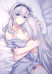 Rule 34 | 2girls, alternate costume, bed sheet, black hairband, blue eyes, breasts, closing eyes, fuyutsuki (kancolle), grey hair, hairband, highres, hug, jewelry, kabocha torute, kantai collection, large breasts, long hair, multiple girls, pajamas, pillow, ring, side ponytail, suzutsuki (kancolle), very long hair, yuri