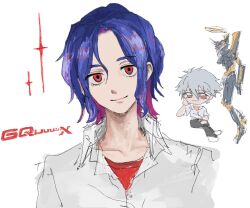Rule 34 | 2boys, blue hair, collared shirt, colored inner hair, commentary, copyright name, crossover, deformed, eva 06, gexpj, grey hair, gundam, gundam gquuuuuux, highres, looking at viewer, lower eyelashes only, male focus, mecha, multicolored hair, multiple boys, nagisa kaworu, neon genesis evangelion, purple hair, red eyes, robot, shirt, short hair, shuji ito, simple background, smile, symbol-only commentary, two-tone hair, white background, white shirt