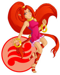 1girl bodysuit bracelet dark_skin dark-skinned_female din feet female_focus jewelry legs long_hair lots_of_jewelry nintendo pointy_ears red_eyes red_hair sandals smile solo the_legend_of_zelda the_legend_of_zelda:_oracle_of_seasons toes