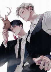 Rule 34 | 2boys, adam&#039;s apple, belt, black hair, black necktie, black pants, black suit, black vest, character request, closed mouth, collared shirt, cowboy shot, deer mask, doo0boo0, formal clothes, from below, gradient eyes, gwechul, highres, holding, holding mask, jacket, long sleeves, looking at viewer, male focus, mask, multicolored eyes, multiple boys, necktie, no pupils, nose, pants, parted bangs, parted lips, red eyes, shirt, short hair, simple background, slit pupils, suit, suit jacket, upper body, vest, white background, white hair, white shirt