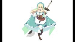 1girl absurdres apron beret blonde_hair blunt_bangs boots breasts brown_bag brown_shoes cleavage clothes_lift collar dress dress_lift green_dress green_eyes green_hat hair_ornament hairclip hat highres huge_weapon large_breasts lifting_own_clothes long_hair non-web_source official_art one_eye_closed ouroboros pantyhose pillarboxed puffy_short_sleeves puffy_sleeves senran_kagura senran_kagura_burst shoes short_sleeves shuriken smile snake_hair_ornament socks solo sword sword_on_back weapon weapon_on_back white_apron white_background white_collar white_socks yaegashi_nan yomi_(senran_kagura)