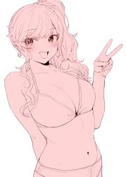 Rule 34 | 1girl, bare shoulders, bikini, blush, breasts, cleavage, collarbone, earrings, goshiki suzu, idolmaster, idolmaster cinderella girls, jewelry, long hair, looking at viewer, looking to the side, medium breasts, monochrome, navel, ohtsuki yui, open mouth, side ponytail, smile, solo, swimsuit, v, wavy hair, wavy sidelocks, white bikini