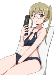 1girl between_legs bikini black_ribbon breasts brown_eyes brown_hair cellphone closed_mouth girls_und_panzer glasses hair_ribbon half-closed_eyes halterneck hand_between_legs holding holding_phone leaning_back long_hair looking_at_viewer on_chair oono_aya phone ribbon rimless_eyewear round_eyewear simple_background sitting small_breasts smile solo swimsuit twintails white_background yass_hero