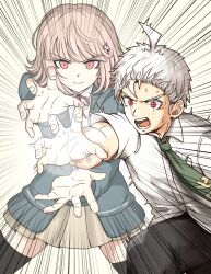 1boy 1girl ahoge black_pants black_thighhighs blunt_bangs brown_hair cardigan closed_mouth collared_shirt commentary_request cowboy_shot danganronpa_(series) danganronpa_2:_goodbye_despair dragon_ball dragonball_z emphasis_lines eyelashes green_cardigan green_necktie hair_between_eyes highres hinata_hajime kamehameha_(dragon_ball) kmnm_1403 long_sleeves looking_at_viewer medium_hair miniskirt nanami_chiaki neck_ribbon necktie open_cardigan open_clothes open_mouth pants parody pink_hair pink_ribbon pleated_skirt red_eyes ribbon ringed_eyes serious shirt short_hair short_sleeves simple_background skirt spoilers standing sweat sweatdrop teeth thighhighs v-shaped_eyebrows white_hair white_shirt yellow_skirt zettai_ryouiki