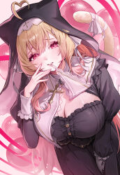 1girl absurdres ahoge animal_ears black_dress black_veil blonde_hair breasts cat_ears cat_girl cat_tail cleavage commission cross cross_necklace dress ears_under_headwear frilled_dress frills hair_between_eyes highres jewelry kemomimi_refle! large_breasts looking_at_viewer mixed-language_commentary mole mole_under_eye mouth_hold necklace nekoma_karin nun pink_eyes pixiv_commission rhtkd solo tail veil virtual_youtuber
