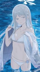 1girl bikini blue_archive collarbone colored_eyelashes hair_ornament halo highres nagusa_(blue_archive) nagusa_(swimsuit)_(blue_archive) navel nima_(niru54) official_alternate_costume snowflake_hair_ornament solo swimsuit white_bikini white_eyelashes white_eyes white_halo