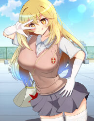 Rule 34 | 1girl, :q, bag, blonde hair, blue sky, breasts, brown sweater vest, chain, chain between breasts, collared shirt, commentary request, elbow gloves, gloves, grey skirt, hair between eyes, hand on own hip, handbag, highres, kumaisao, large breasts, long hair, looking at viewer, miniskirt, outdoors, pleated skirt, rooftop, school emblem, school uniform, shirt, shokuhou misaki, short sleeves, skirt, sky, smile, solo, sparkling eyes, spider web print, star (symbol), star print, summer uniform, sweater vest, thighhighs, toaru kagaku no mental out, toaru kagaku no railgun, toaru majutsu no index, tokiwadai school uniform, tongue, tongue out, v-neck, very long hair, w, w over eye, white gloves, white shirt, white thighhighs, yellow eyes