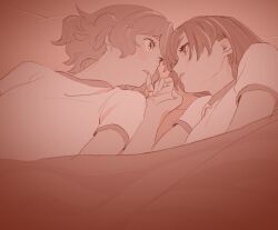 2girls 55bata6rou eye_contact face-to-face finger_to_another&#039;s_mouth hibike!_euphonium highres kousaka_reina long_hair looking_at_another lying monochrome multiple_girls on_back oumae_kumiko parted_lips profile shirt short_hair short_sleeves under_covers upper_body yuri