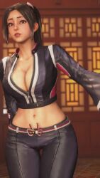 1girl 3d animated audible_speech black_gloves black_jacket black_pants breasts brown_hair cleavage collarbone fatal_fury fatal_fury:_city_of_the_wolves female_focus folding_fan game_screenshot gloves hand_fan highres holding holding_fan jacket japanese_audio large_breasts leather leather_gloves leather_jacket leather_pants long_hair midriff navel open_clothes open_jacket pants ponytail shiranui_mai snk solo sound street_fighter street_fighter_6 tight_clothes tight_pants video wide_hips