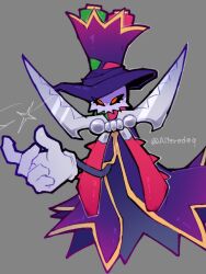 Rule 34 | alteredeq, black sclera, colored sclera, gloves, grey background, hat, highres, mario &amp; luigi: brothership, mario &amp; luigi rpg, mario (series), mask, nintendo, purple hat, simple background, snapping fingers, solo, twitter username, white gloves, zokket