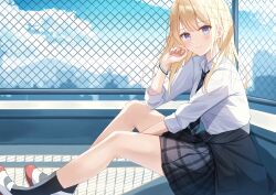 1girl absurdres black_necktie black_skirt black_socks black_sweater blonde_hair blue_eyes blue_sky blush bracelet chain-link_fence city closed_mouth clothes_around_waist cloud collared_shirt fence highres jewelry long_hair long_sleeves looking_at_viewer necktie on_rooftop original outdoors pleated_skirt rooftop school_uniform senri_(senri_sen) shirt sidelocks sitting skirt sky smile socks solo sweater sweater_around_waist white_shirt