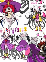 2boys animal_ears bad_id bad_tumblr_id black_sclera boots cape colored_sclera commentary cupcake_(fnaf) english_commentary five_nights_at_freddy&#039;s five_nights_at_freddy&#039;s_2 fox_ears foxy_(fnaf) hair_intakes hair_over_one_eye heart heart-shaped_pupils mangle mismatched_sclera multiple_boys open_mouth pink_vest pole-bear purple_cape sharp_teeth shirt shorts simple_background sweat symbol-shaped_pupils teeth vest white_background white_eyes white_hair white_shorts yellow_boots yellow_eyes yellow_shirt