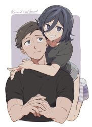 1boy 1other angel_martinez arms_around_neck black_eyes black_hair black_shirt blush clinical_trial_(game) closed_mouth couple grey_shorts grin hashtag-only_commentary highres interlocked_fingers lee_smith looking_at_viewer pminthama shirt short_sleeves shorts simple_background smile socks striped_clothes striped_socks