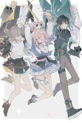 1boy 2girls absurdres ankle_boots archery_shooting_glove black_boots black_cat black_choker black_coat black_gloves black_hair black_overskirt black_skirt blue_boots blue_jacket blue_skirt boots border bra_strap breasts buttons camera cat choker closed_eyes coat collarbone commentary dan_heng_(honkai:_star_rail) dan_heng_(hunt)_(honkai:_star_rail) earrings flower_ornament front_slit full_body gloves gradient_clothes gradient_jacket green_cat green_eyes grey_background grey_hair hair_intakes high_heel_boots high_heels highres honkai:_star_rail honkai_(series) jacket jewelry long_sleeves march_7th_(honkai:_star_rail) march_7th_(preservation)_(honkai:_star_rail) medium_breasts medium_hair miniskirt multicolored_boots multiple_girls off-shoulder_jacket off_shoulder open_clothes open_coat open_mouth outside_border overskirt partially_fingerless_gloves pink_cat pink_hair pink_jacket pleated_skirt shirt short_hair single_earring single_glove skirt smile stelle_(honkai:_star_rail) symbol-only_commentary thigh_strap tied_jacket trailblazer_(honkai:_star_rail) trash_can two-sided_fabric two-sided_skirt two-tone_boots underbust white_border white_shirt yellow_eyes yellow_skirt yue_(shemika98425261)