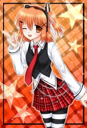 Rule 34 | 1girl, a.i. voice, absurdres, adachi rei, alternate costume, artist name, black border, black vest, border, breasts, chain, collared shirt, cowboy shot, gradient background, hair ornament, hair ribbon, hairclip, hand up, highres, index finger raised, kigidere, long sleeves, looking at viewer, miniskirt, necktie, one eye closed, one side up, open mouth, orange background, orange eyes, orange hair, outside border, pantyhose, plaid background, plaid clothes, plaid skirt, pleated skirt, red necktie, red skirt, ribbon, shirt, skirt, small breasts, smile, solo, sparkle, standing, star (symbol), striped clothes, striped pantyhose, utau, vest, white ribbon, white shirt