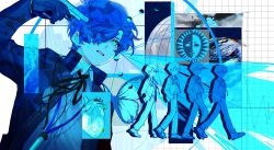 1boy blue_theme bug butterfly collared_shirt digital_media_player evoker gekkoukan_high_school_uniform gloves gun gun_to_head hair_over_one_eye hand_in_pocket heart_(organ) highres holding holding_gun holding_weapon insect jacket long_sleeves male_focus multiple_views neck_ribbon open_clothes open_jacket pants persona persona_3 ribbon rrrrrrrrrrrou1 school_uniform shirt weapon yuuki_makoto_(persona_3)