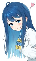 Rule 34 | 1girl, absurdres, ahoge, alternate hair length, alternate hairstyle, blue bow, blue eyes, blue hair, blush, bow, breast pocket, closed mouth, commentary request, eyelashes, from side, hair over shoulder, heart, highres, leaning forward, long hair, long sidelocks, looking at viewer, make heroine ga oo sugiru!, nintendo, pocket, school uniform, shintakuya, shirt, short sleeves, sidelocks, simple background, smile, splatoon (series), straight hair, swept bangs, tsuwabuki high school uniform, turning head, upper body, white background, white shirt, yanami anna, yellow bow