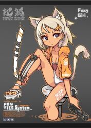 1girl animal_ear_fluff animal_ears bikini blonde_hair blue_eyes collarbone cyborg dark-skinned_female dark_skin extra_ears gun handgun highres holding holding_gun holding_weapon hood hood_down hoodie jacket jacket_over_swimsuit leg_blade nail_polish nancou_(nankou) original sandals short_hair sitting solo swimsuit tail toenail_polish toenails trigger_discipline wading weapon