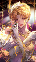 Rule 34 | 1girl, absurdres, blonde hair, blood, blood on face, bloody weapon, blurry, blurry background, breasts, chinese commentary, cleavage, collarbone, commentary, crossed arms, dagger, dated, doo58455, earrings, elbow gloves, eyeliner, feather boa, forehead, gloves, gold earrings, gold necklace, highres, holding, holding dagger, holding knife, holding weapon, jewelry, knife, linea alba, looking at viewer, makeup, milly (path to nowhere), necklace, open mouth, path to nowhere, purple eyes, reverse grip, short hair, signature, smile, solo, stained clothes, teeth, upper body, upper teeth only, weapon, white gloves, yellow blood