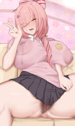 1girl absurdres akamashi anal_hair anus black_skirt blush breasts closed_eyes couch covered_erect_nipples excessive_pubic_hair female_pubic_hair highres huge_breasts indie_virtual_youtuber kindergarten_uniform kurameki_kyou lactation large_areolae mole mole_under_mouth nipples no_panties on_couch pink_hair pink_shirt pubic_hair puffy_nipples pussy pussy_juice see-through_clothes shirt shirt_tug sitting skirt smile solo spread_legs v virtual_youtuber wet