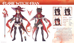 1girl black_hair boots capelet character_profile concept_art covered_navel english_text fingerless_gloves flame_witch_fran flat_chest fran_(flame_witch_fran) full_body gloves hat highres horns ks_(xephyrks) long_hair multicolored_hair multiple_expressions multiple_views official_art orange_eyes pointy_ears red_hair short_shorts shorts staff tail thigh_boots two-tone_hair very_long_hair witch witch_hat