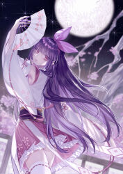 1girl armpits ass ayanokouji_kanna branch commentary flower folding_fan from_side full_moon hairband hand_fan holding holding_fan long_hair looking_at_viewer maplestory miniskirt moon pink_skirt purple_eyes purple_hair purple_hairband qixiang_seren railing ribbon-trimmed_sleeves ribbon-trimmed_thighhighs ribbon_trim skirt smile solo thighhighs very_long_hair white_thighhighs wide_sleeves