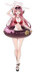 1girl :d absurdres adjusting_eyewear alternate_costume aru_(blue_archive) bikini black-framed_eyewear blue_archive blush breasts cleavage earrings eyewear_on_head full_body halo hand_up highres holding holding_swim_ring horns innertube jewelry large_breasts long_hair looking_at_viewer navel necklace open_mouth red_bikini red_hair red_halo round_eyewear simple_background single_earring smile solo standing stomach sunglasses swim_ring swimsuit thaba toenails very_long_hair white_background yellow_eyes