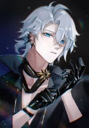 1923rash 1boy adjusting_clothes adjusting_gloves black_gloves black_shirt blue_eyes earclip gloves grey_hair half-closed_eyes half_gloves hand_up highres honkai:_star_rail honkai_(series) looking_at_viewer male_focus open_mouth parted_bangs parted_lips pectoral_cleavage pectorals phainon_(fashion)_(honkai:_star_rail) phainon_(honkai:_star_rail) shirt short_hair solo sparkle teeth yellow_pupils