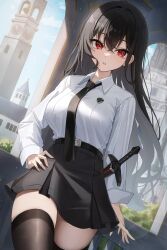 1girl absurdres black_hair black_necktie black_skirt breasts brown_thighhighs check_copyright collared_shirt copyright_request cowboy_shot day dutch_angle guest_art hand_on_own_hip high-waist_skirt highres long_hair long_sleeves looking_at_viewer medium_breasts necktie original outdoors parted_lips red_eyes rega shirt shirt_tucked_in skirt solo standing sword thighhighs weapon white_shirt zettai_ryouiki