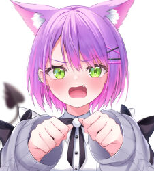 1girl animal_ear_fluff animal_ears annoyed black_ribbon buttons cat_ears collared_shirt commentary_request cross cross_earrings demon_tail ear_piercing earrings extra_ears fang green_eyes hair_ornament hairclip highres hololive hoshino_reiji jewelry light_blush looking_at_viewer multicolored_hair neck_ribbon official_alternate_costume official_alternate_hairstyle open_mouth paw_pose piercing pink_hair pom_pom_(clothes) pom_pom_hair_ornament purple_hair ribbon shirt short_hair single_earring solo streaked_hair tail tokoyami_towa tokoyami_towa_(jirai_kei) two-tone_hair upper_body v-shaped_eyebrows white_shirt x_hair_ornament