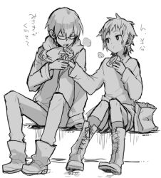 2boys arm_up ayao77 bag boots breath closed_eyes commentary_request dot_nose food fushimi_saruhiko glasses hair_behind_ear holding holding_food jacket k-project lace-up_boots long_sleeves male_focus multiple_boys open_mouth outstretched_arm paper_bag short_hair side-by-side simple_background sitting sleeves_past_wrists steamed_bun teeth upper_teeth_only white_background yata_misaki
