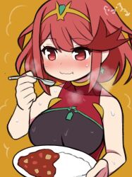 breasts curry curry_rice food highres large_breasts ma2acworks pyra_(pro_swimmer)_(xenoblade) pyra_(xenoblade) red_eyes red_hair rice short_hair solo xenoblade_chronicles_(series) xenoblade_chronicles_2