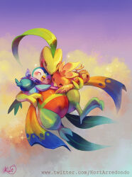 artist_logo artist_name beak blush closed_eyes eyelashes feathered_wings feathers gen_3_pokemon gen_4_pokemon grovyle highres hug koriarredondo logo nintendo piplup pokemon pokemon_(creature) torchic watermark web_address wings