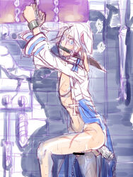 1boy anal anal_object_insertion animal_ears arch_bishop_(ragnarok_online) arms_up bar_censor blue_coat blue_eyes blush bottomless bound bound_wrists censored coat commentary_request cropped_jacket cross dog_boy dog_ears ears_down feet_out_of_frame gagged jacket looking_at_viewer male_focus nipples object_insertion penis penis_piercing piercing ragnarok_online short_hair solo white_hair white_jacket yukimushi