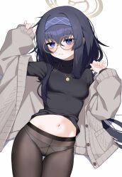 1girl absurdres black_hair black_pantyhose black_shirt blue_archive blush breasts cardigan commentary eyewear_strap glasses hair_between_eyes hairband halo highres jewelry long_hair looking_at_viewer navel necklace panties panties_under_pantyhose pantyhose purple_eyes shirt simple_background sleeves_past_wrists small_breasts solo stomach thigh_gap thighs ui_(blue_archive) underwear variant_set white_background xiaoyu_chiaki