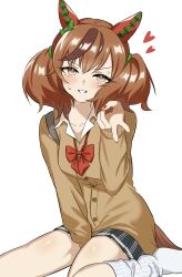 1girl absurdres alternate_costume animal_ears between_legs blush bow bowtie brown_cardigan brown_eyes brown_hair cardigan ear_bow ear_covers green_bow hand_between_legs highres horse_ears horse_girl horse_tail long_sleeves looking_at_viewer loose_socks medium_hair multicolored_hair nice_nature_(umamusume) pleated_skirt red_bow red_bowtie simple_background sioarii skirt socks solo streaked_hair tail thighs twintails umamusume v white_background white_socks