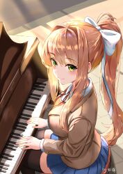 1girl absurdres artist_name blue_skirt brown_hair brown_vest commentary_request doki_doki_literature_club green_eyes grey_jacket hair_ribbon highres instrument jacket long_hair long_sleeves looking_at_viewer marswolf monika_(doki_doki_literature_club) music neck_ribbon piano playing_instrument playing_piano red_ribbon ribbon shirt signature sitting skirt smile solo sunlight vest white_ribbon white_shirt
