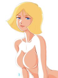 1girl aobito_sukoyaka_bystander blonde_hair blue_eyes breasts commentary_request gundam highres lips looking_at_viewer medium_breasts mobile_suit_gundam no_nipples nude sayla_mass short_hair simple_background smile solo white_background