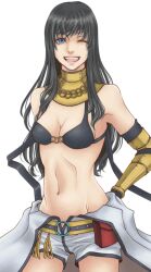 Rule 34 | 1girl, armor, bikini, bikini top only, black bikini, black gloves, black hair, blue eyes, breasts, cleavage, commentary request, cowboy shot, elbow gloves, gloves, jumpsuit, jumpsuit around waist, long hair, looking at viewer, mechanic (ragnarok online), navel, o-ring, o-ring top, one eye closed, open mouth, pieto, ragnarok online, simple background, smile, solo, swimsuit, vambraces, white background, white jumpsuit, wind, yellow armor